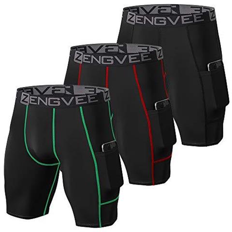 Uomo 3 Pack Compression Shorts Fresco E Asciutto Pantaloncini Da Corsa Strato Di Base Con Tasche Del Telefono Per La Boxe Addestramento Allenamento Palestra (1011-3black-s)  - Foto 1