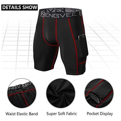 Uomo 3 Pack Compression Shorts Fresco E Asciutto Pantaloncini Da Corsa Strato Di Base Con Tasche Del Telefono Per La Boxe Addestramento Allenamento Palestra (1011-3black-s)  - Foto 3