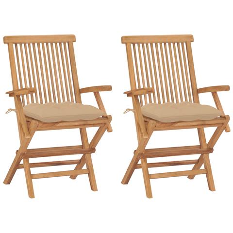 Sedie da Giardino con Cuscini Beige 2 pz in Massello di Teak - Foto 1
