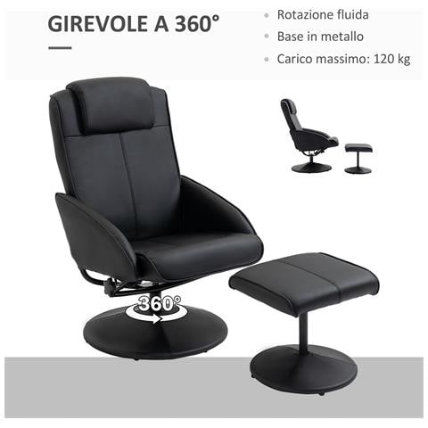 Poltrona Relax Reclinabile Con Pouf Poggiapiedi Abbinato E Rivestimento In Finta Pelle, Nero - Foto 2