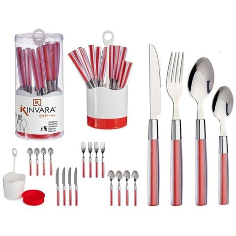 Set 16 Posate In Acciaio Inox Con Manico Ps Rosso 11x11x25 Cm. Colore Rosso - Foto 2