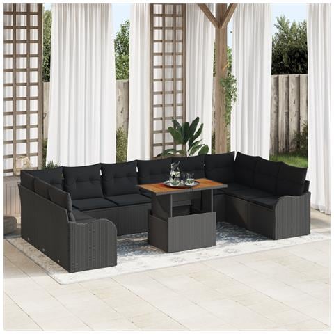 Set Divano Giardino 11 Pezzi con Cuscini Polyrattan Nero Acacia, Divano Giardino 2-Persone con Cuscini Polyrattan Nero - Foto 2