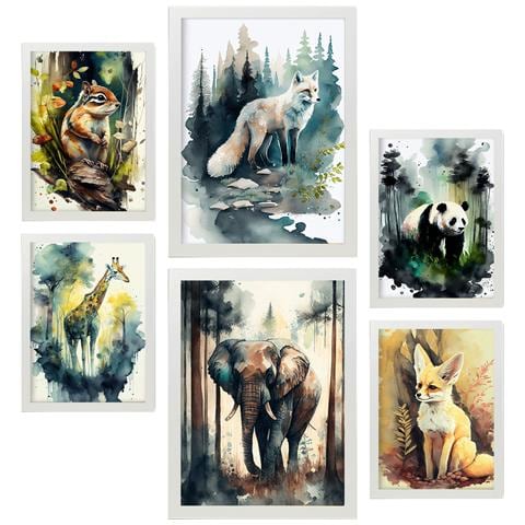 Set Di 6 Stampe Illustrazioni Di Animali Di Foreste E Savane In Paesaggi Naturali, Design D'interni Realistico In Stile Acquerello A3 & A4 Cornice Bianca - Foto 1