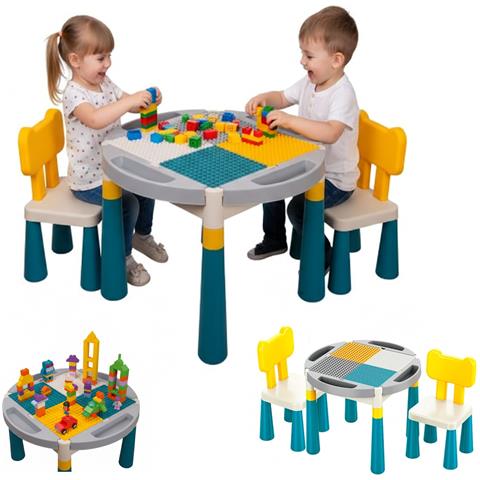 Tavolo multifunzionale per impilare blocchi 2-in-1 per bambini, rotondo + 2 sedie - Foto 4