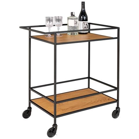 Carrello Bar Vita A 2 Ripiani Effetto Rovere Con Struttura In Acciaio Nero, 68×40×79 Cm - Foto 1