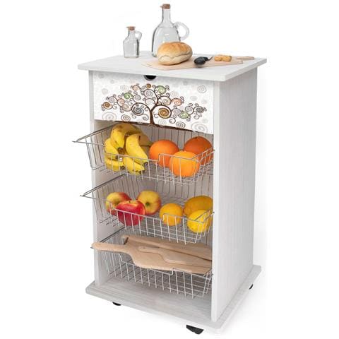Lupia - Carrello Cucina Multifunzione Bianco Tree White, Portafrutta Ruote Piroettanti, Piano Di Appoggio, Tre Cestelli Estraibili In Acciaio, Legno 40x45h85 Cm Montato - Foto 1