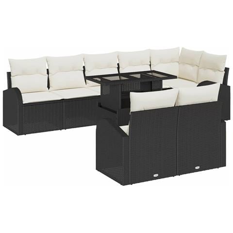 Set di Sofà da Giardino 9 Pezzi con Cuscini Nero in Polyrattan, Sofà da Giardino 2 Posti con Ripostiglio e Cuscini Nero in Polyrattan - Foto 1