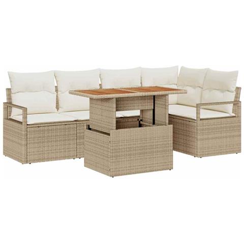 Set Divano da Giardino 6 Pezzi con Cuscini Beige Rattan Polimerico, Divano da Giardino 2 Posti con Ripostiglio e Cuscini Beige Rattan Polimerico - Foto 1