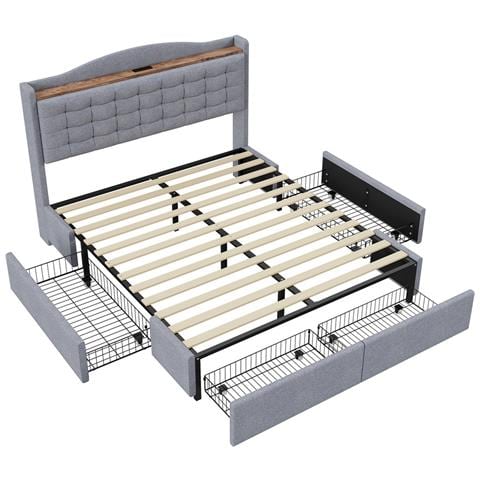 Letto Imbottito 140x200 Cm, Comodino Con Porta Di Ricarica Usb E Vano Portaoggetti, Letto Matrimoniale Piatto Con 4 Cassetti, Tessuto Di Lino, Grigio, Senza Materasso - Foto 2
