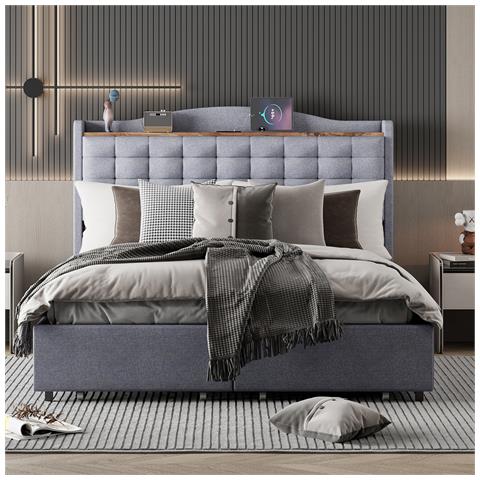 Letto Imbottito 140x200 Cm, Comodino Con Porta Di Ricarica Usb E Vano Portaoggetti, Letto Matrimoniale Piatto Con 4 Cassetti, Tessuto Di Lino, Grigio, Senza Materasso - Foto 4