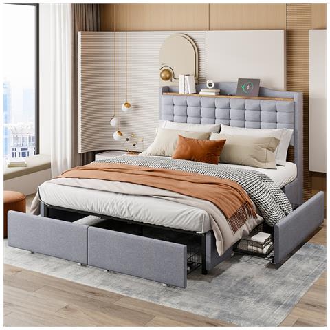Letto Imbottito 140x200 Cm, Comodino Con Porta Di Ricarica Usb E Vano Portaoggetti, Letto Matrimoniale Piatto Con 4 Cassetti, Tessuto Di Lino, Grigio, Senza Materasso - Foto 1