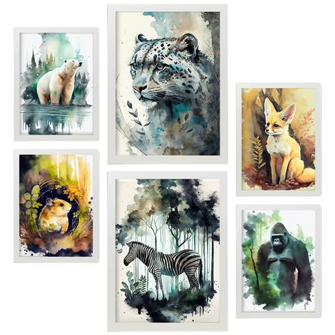 Set Di 6 Stampe Illustrazioni Di Animali In Paesaggi Naturali Del Nord E Del Sud, Design D'interni Realistico In Stile Acquerello A3 & A4 Cornice Bianca - Foto 1