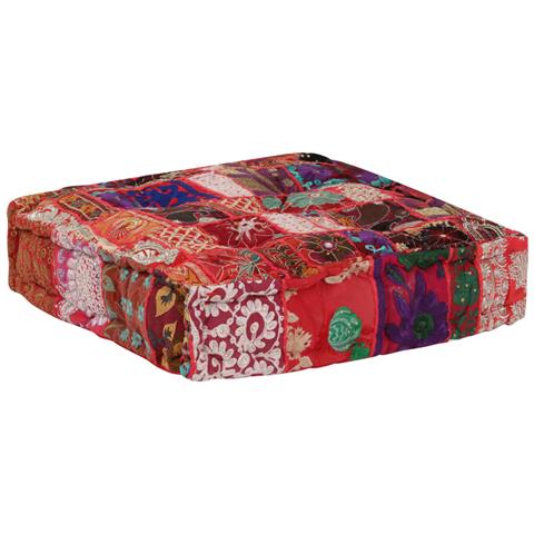 Pouf Patchwork In Cotone Fatto A Mano Quadrato 50x50x12cm Rosso - Foto 2
