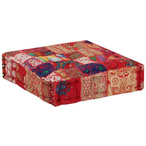 Pouf Patchwork In Cotone Fatto A Mano Quadrato 50x50x12cm Rosso - Foto 6