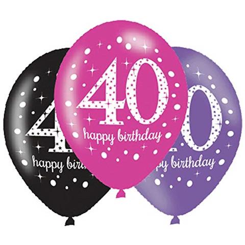 9900877 Palloncini 40th Happy Birthday Da 27.5 Cm, Viola / rosa / nero, 6 Pezzi - Foto 1