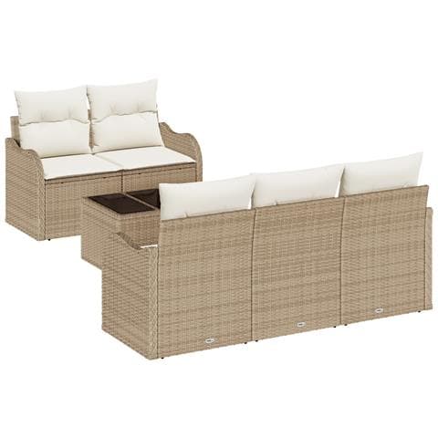 Set di Sofà da Giardino a 6 Pezzi con Cuscini Beige Polyrattan, Sofa da Giardino a 2 Posti con Cuscini Beige Polyrattan - Foto 1