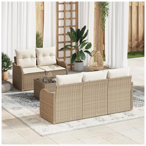 Set di Sofà da Giardino a 6 Pezzi con Cuscini Beige Polyrattan, Sofa da Giardino a 2 Posti con Cuscini Beige Polyrattan - Foto 2