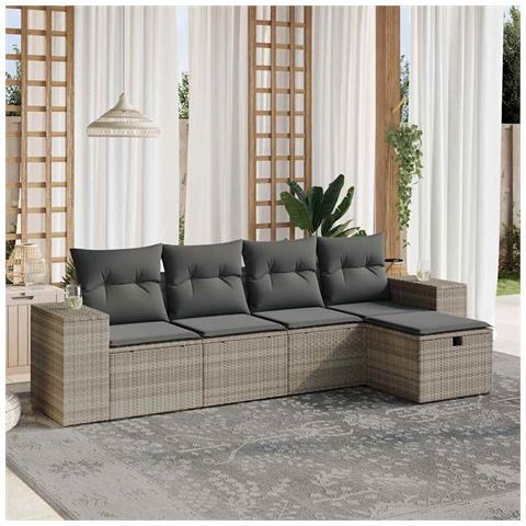 Set Divano da Giardino 5pz con Cuscini Grigio Chiaro Polyrattan - Foto 2