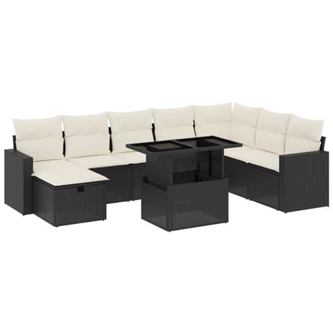 Set Divani da Giardino 9 pz con Cuscini Nero in Polyrattan - Foto 1