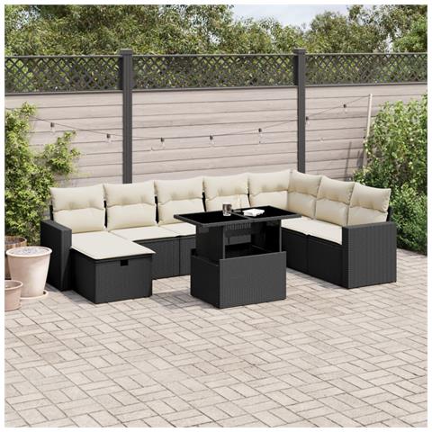 Set Divani da Giardino 9 pz con Cuscini Nero in Polyrattan - Foto 2