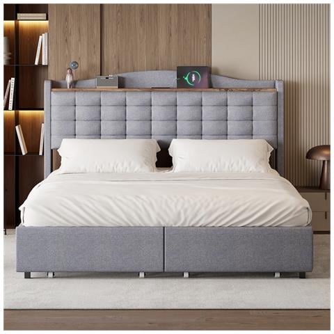 Letto Imbottito 160x200 Cm, Comodino Con Porta Di Ricarica Usb E Vano Portaoggetti, Letto Matrimoniale Piatto Con 4 Cassetti, Tessuto Di Lino, Grigio, Senza Materasso - Foto 2