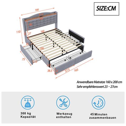 Letto Imbottito 160x200 Cm, Comodino Con Porta Di Ricarica Usb E Vano Portaoggetti, Letto Matrimoniale Piatto Con 4 Cassetti, Tessuto Di Lino, Grigio, Senza Materasso - Foto 4