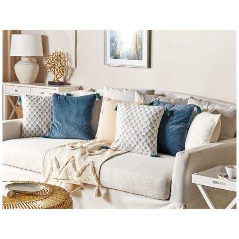 Cuscino Decorativo Setaria Cotone 45 X 45 Cm Motivo Di Piante Stampa A Blocchi Blu Scuro - Foto 1