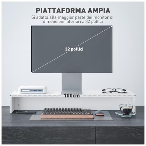 Supporto per Monitor con 2 Vani Contenitore in Legno, 100x27x15 cm, Bianco - Foto 2