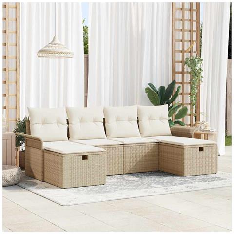 Set Divano da Giardino 6 Pezzi con Cuscini Beige Rattan Polipropilene - Foto 2