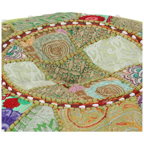 Pouf Patchwork Rotondo Fatto A Mano In Cotone 40x20 Cm Verde - Foto 2