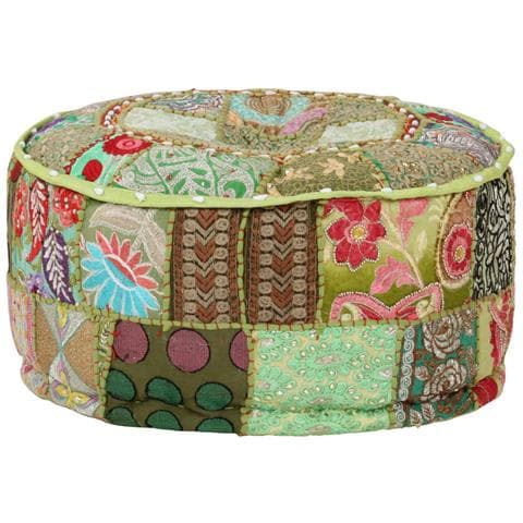 Pouf Patchwork Rotondo Fatto A Mano In Cotone 40x20 Cm Verde - Foto 1