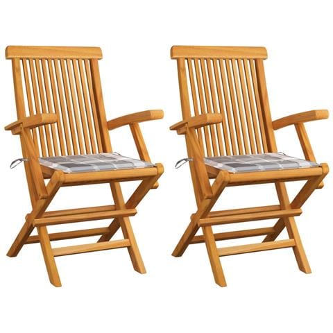 Sedie Giardino 2 pz con Cuscino Grigio a Quadri Massello di Teak - Foto 1