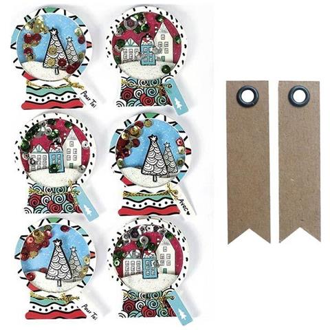 6 Adesivi 3d Di Natale - Palline Da Neve 5 Cm + 20 Etichette Kraft Con Gagliardetto - Foto 1