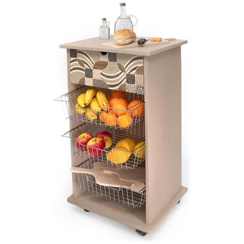 Lupia - Carrello Cucina Multifunzione Vintage Leaves Tiles, Portafrutta Ruote Piroettanti, Piano Di Appoggio, Tre Cestelli Estraibili In Acciaio, Legno 40x45h85 Cm Montato - Foto 1