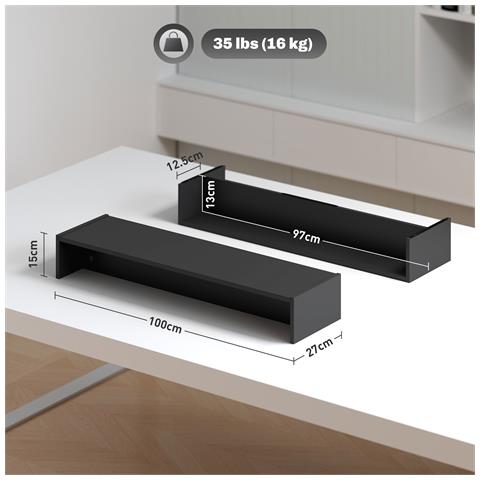 Supporto per Monitor con 2 Vani Contenitore in Legno, 100x27x15 cm, Nero - Foto 2