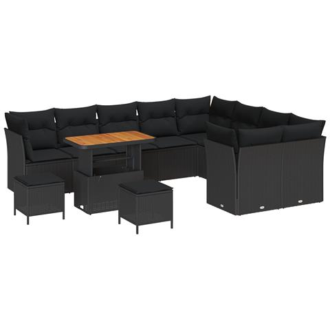Set divano da giardino a 12 pezzi con cuscini in polyrattan nero e acacia, Set da pranzo da giardino a 3 pezzi con cuscini in polyrattan nero e acacia - Foto 1