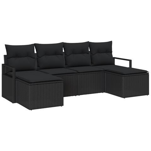Set di Divani da Giardino 6 Pezzi con Cuscini in Polyrattan Nero, Divano da Giardino 2 Posti con Cuscini in Polyrattan Nero - Foto 1