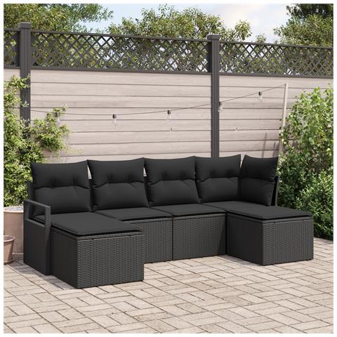 Set di Divani da Giardino 6 Pezzi con Cuscini in Polyrattan Nero, Divano da Giardino 2 Posti con Cuscini in Polyrattan Nero - Foto 2