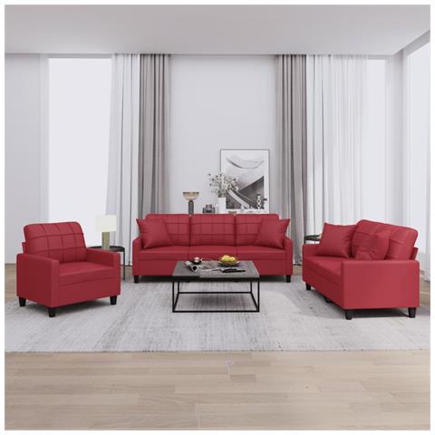 Set di Divani 3 pz con Cuscini Rosso Vino in Similpelle - Foto 2