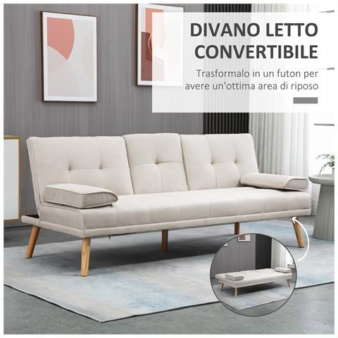 Divano Letto 3 Posti Reclinabile Con Rivestimento Effetto Lino E Tavolino A Ribalta, Beige - Foto 2