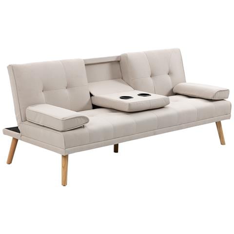 Divano Letto 3 Posti Reclinabile Con Rivestimento Effetto Lino E Tavolino A Ribalta, Beige - Foto 1