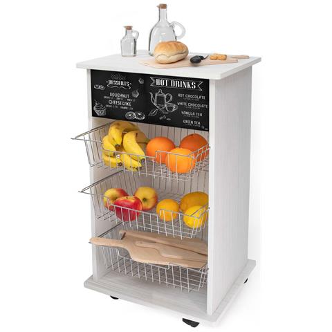 Lupia - Carrello Cucina Multifunzione Bianco White Blackboard, Portafrutta Ruote Piroettanti, Piano Di Appoggio, Tre Cestelli Estraibili In Acciaio, Legno 40x45h85 Cm Montato - Foto 1