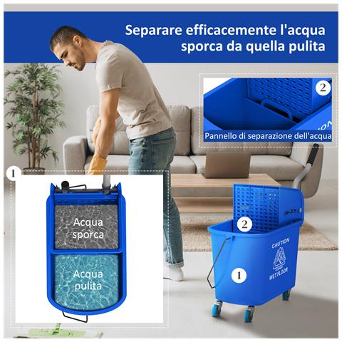 Carrello per Pulizie in Plastica PP da 20L con Secchio e Strizzatore, 60x27x70.5 cm, Blu - Foto 6