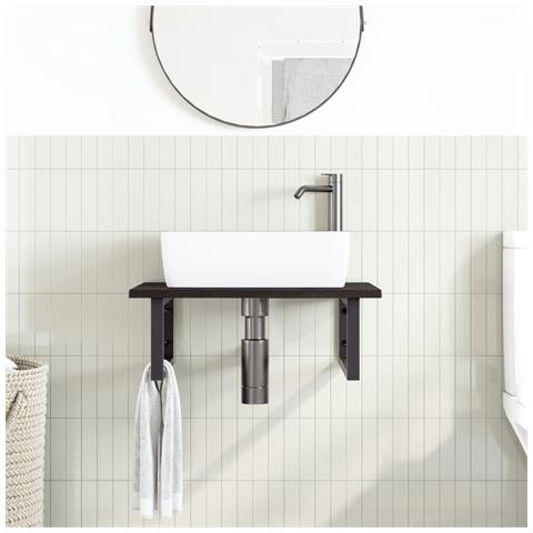 Ripiano A Parete Per Lavabo In Acciaio E Massello Di Rovere - Foto 2