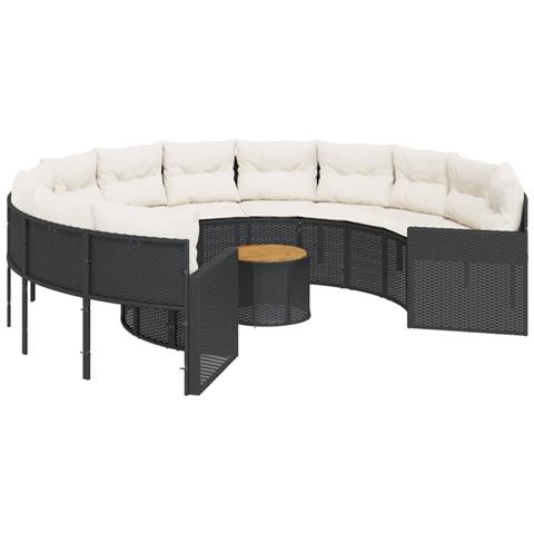 Divano Giardino Con Tavolo E Cuscini Circolare Nero Polyrattan - Foto 1