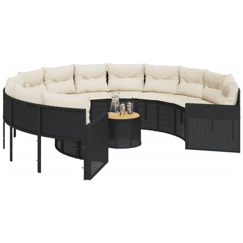 Divano Giardino Con Tavolo E Cuscini Circolare Nero Polyrattan - Foto 2