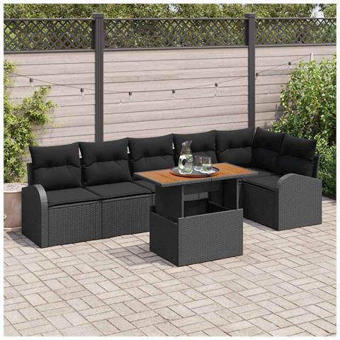Set di divani da giardino 7 pezzi con cuscini nero polyrattan, Divano da giardino 2 posti con ripostiglio e cuscini nero polyrattan - Foto 2