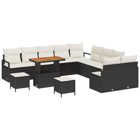 Set di Sofà da Giardino  a 13 Pezzi con Cuscini Polyrattan Nero Acacia, Sofà da Giardino 2 Posti  con Magazzino & Cuscini Polyrattan Nero, Set da Pranzo da Giardino a 3 Pezzi con Cuscini Polyrattan Nero Acacia - Foto 1