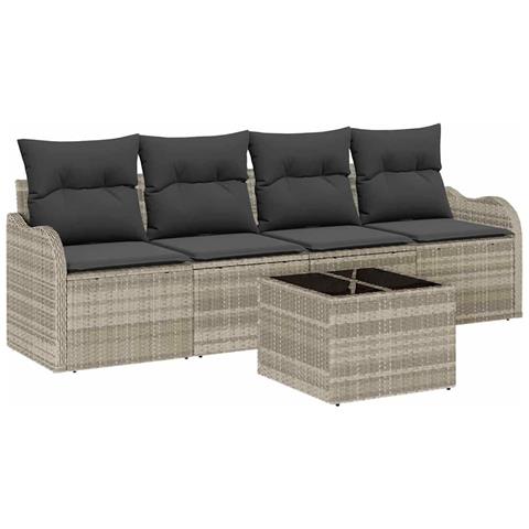 Set Divano da Giardino  5 pezzi con cuscini grigio chiaro in polyrattan, Divano da Giardino 2 posti  con spazio stoccaggio e cuscini grigio chiaro in polyrattan - Foto 1