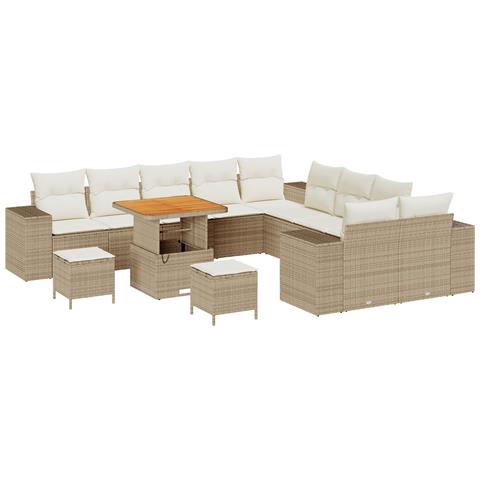 Set Divano da Giardino a 13 Pezzi con Cuscini Beige Polyrattan Acacia, Set da Pranzo da Giardino a 3 Pezzi con Cuscini Beige Polyrattan Acacia - Foto 1